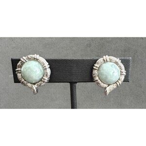STERLING Silver Gray-Green GEMSTONE BUTTON EARRINGS Michelle Albala Omegas .75"